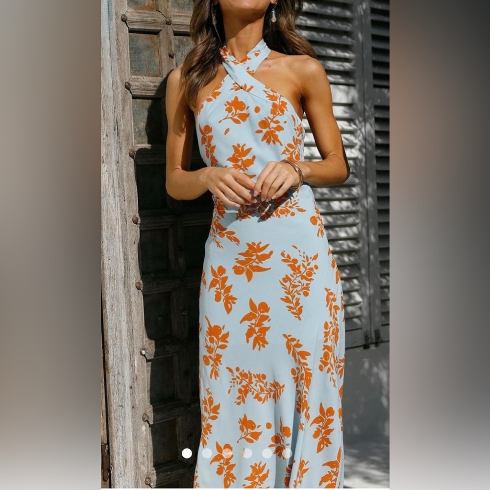Hello Molly Floral Halter Neck Dress - Orange and Blue- Never Worn